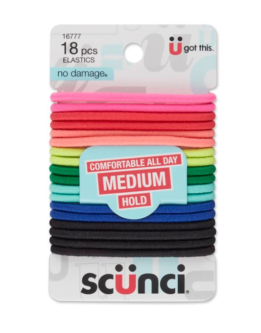 Scunci multicolor pack front view showing 18-count assortment and easy-grab packaging benefit