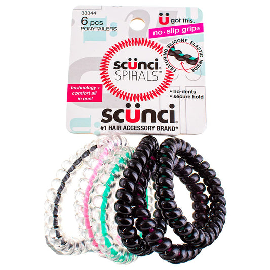 Scunci spiral ponytailers front packaging showing 6CT pack and secure hold