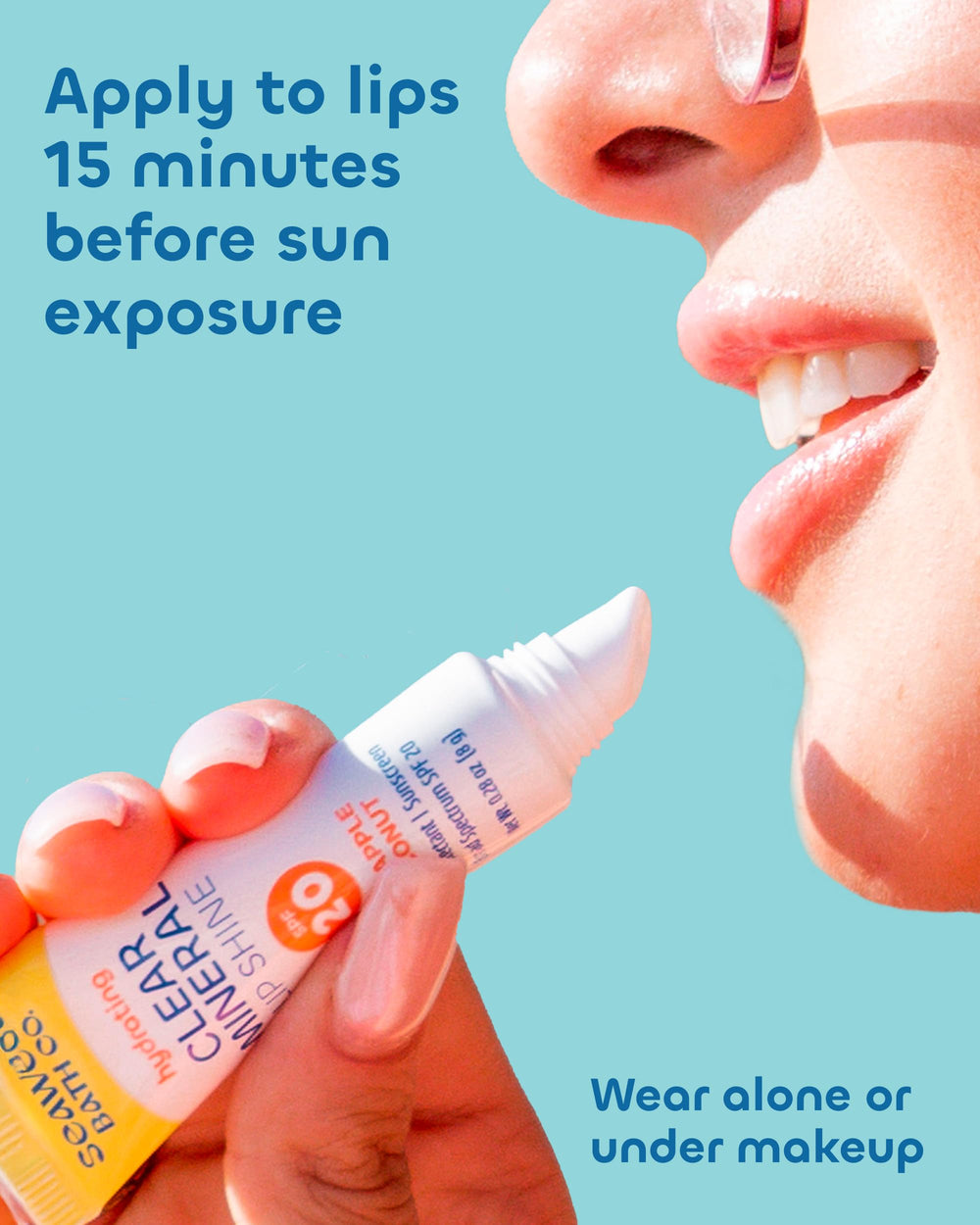 Seaweed Bath Co. lip shine applied on lips demonstrating glossy hydration and protection