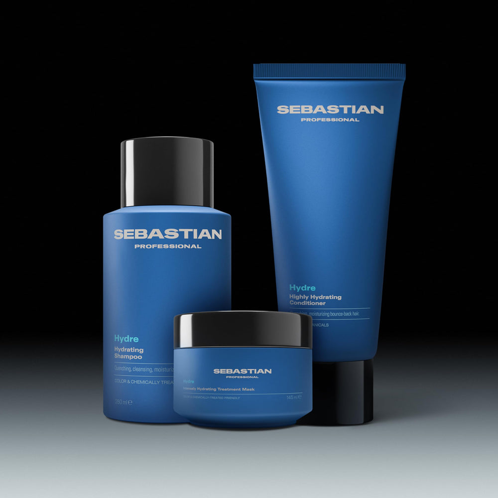 Sebastian bottle on bathroom shelf in lifestyle scene showing salon-grade routine