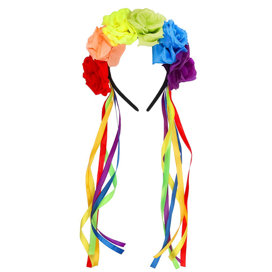 SeBneny front view of rainbow headband showing colorful flower crown and tassels for bold styling