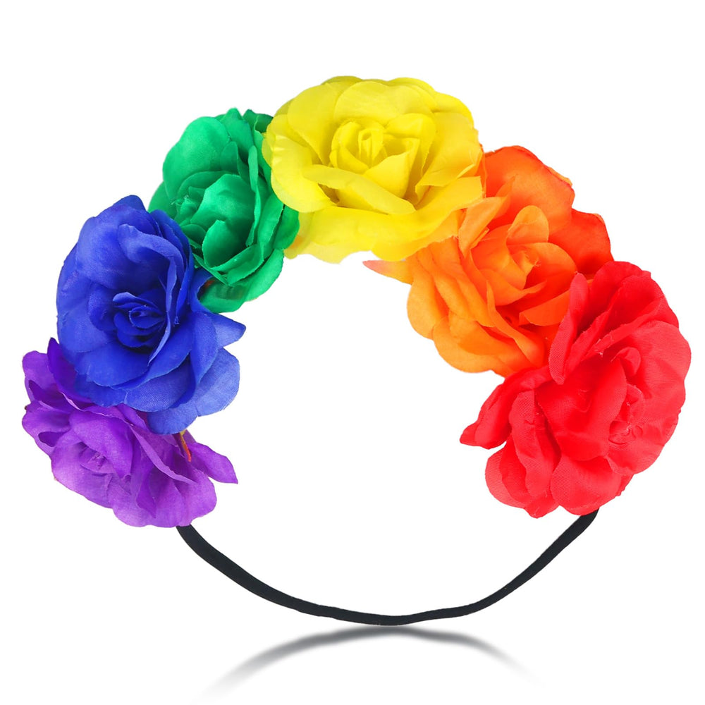 SeBneny front view rainbow rose crown showing colorful flowers and festive look