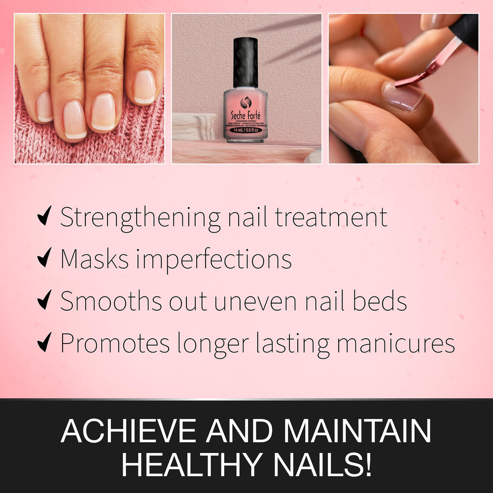 Seche Forté nails before and after demonstrating stronger, smoother nails and visible improvement