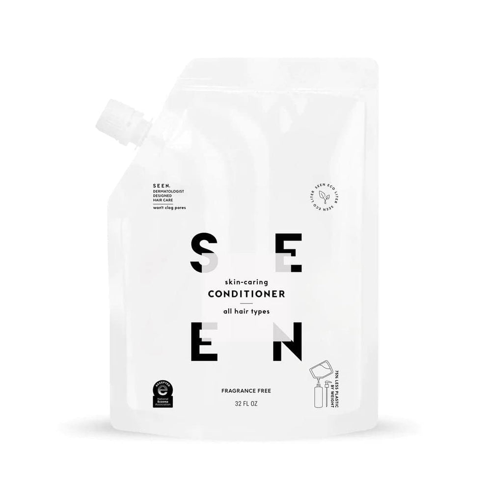 SEEN eco-refill front bottle showing label and fragrance-free benefit