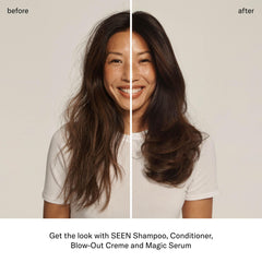 Applying SEEN conditioner to hair mid-lengths illustrating detangling benefit