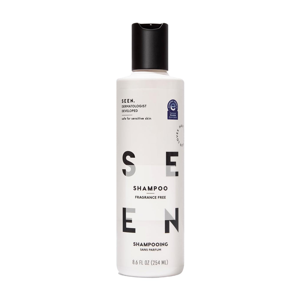 SEEN shampoo front bottle showing label and eczema-safe seal for reassurance