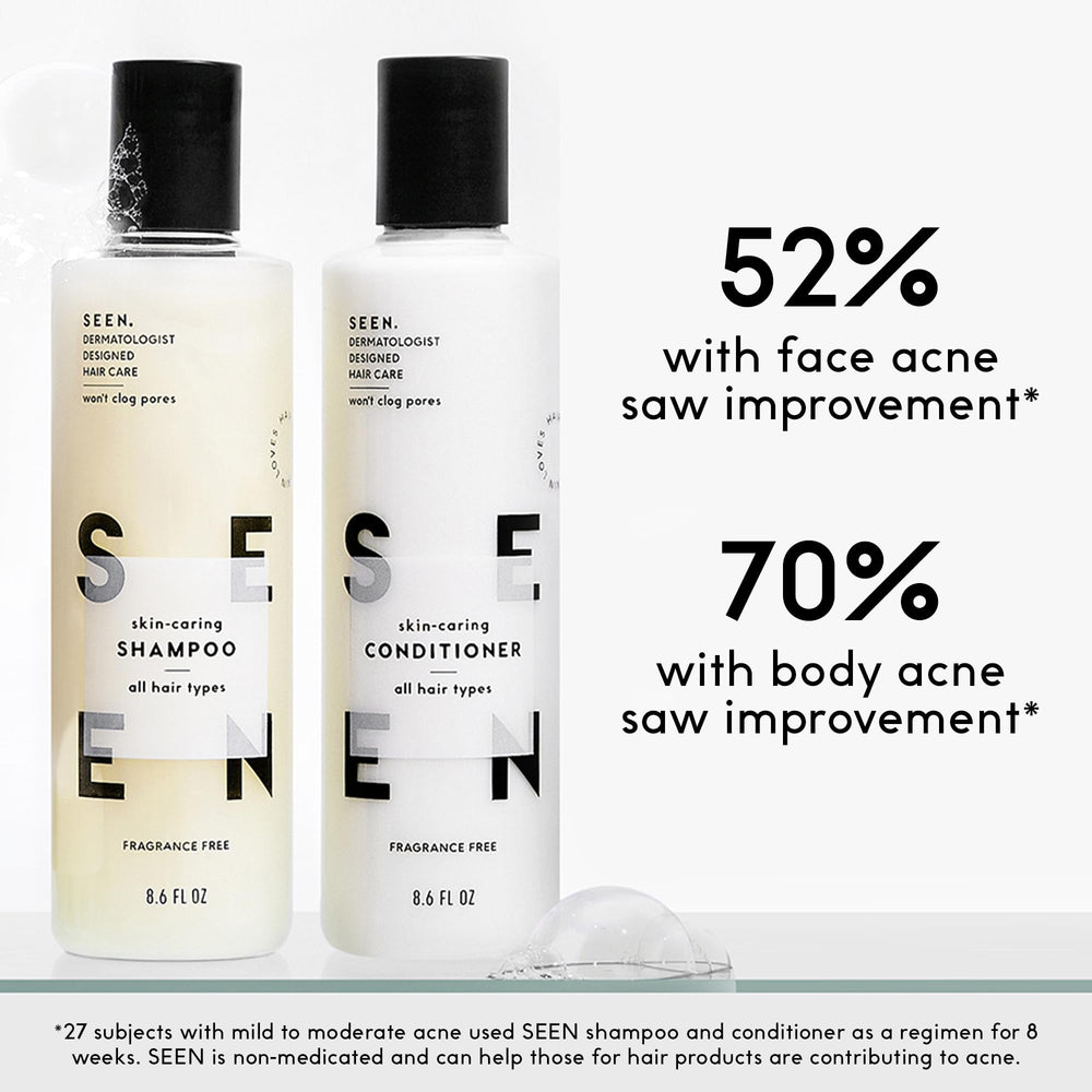 SEEN shampoo pouring from bottle, gentle cleanse that won’t strip color