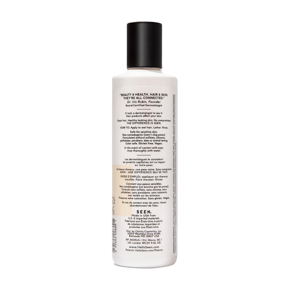 SEEN shampoo being dispensed from pump highlighting easy application benefit