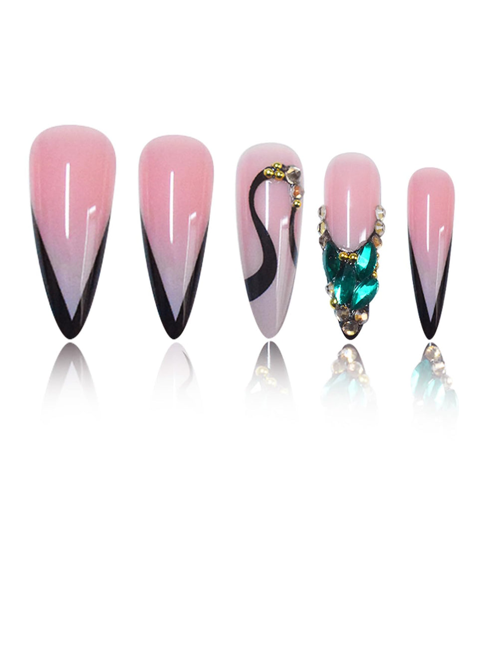 SEENEEY close-up of green rhinestones on pink French tips, eye-catching sparkle