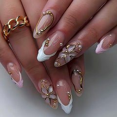 SEENEEY front packaging showing 24-piece white almond press-on nails with floral accents, ready-to-wear benefit