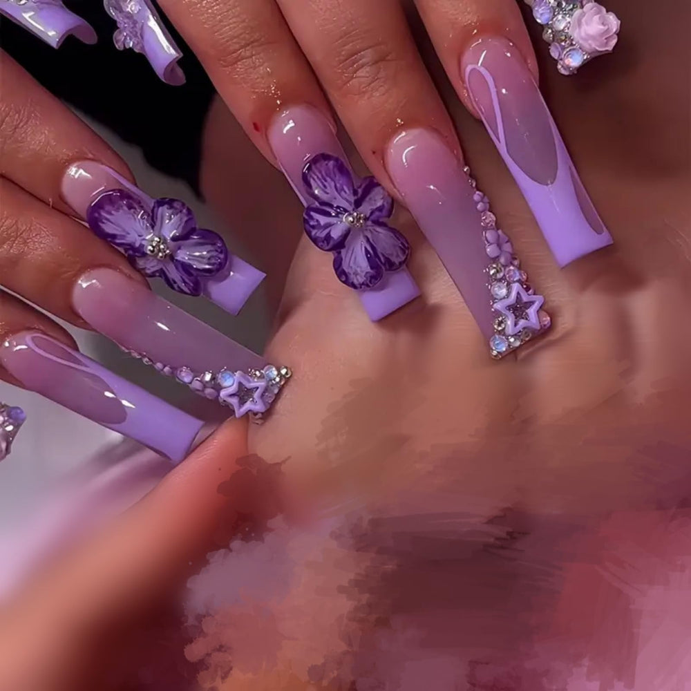 SEENEEY front packaging showing 24-piece long square press-on nails and design benefit
