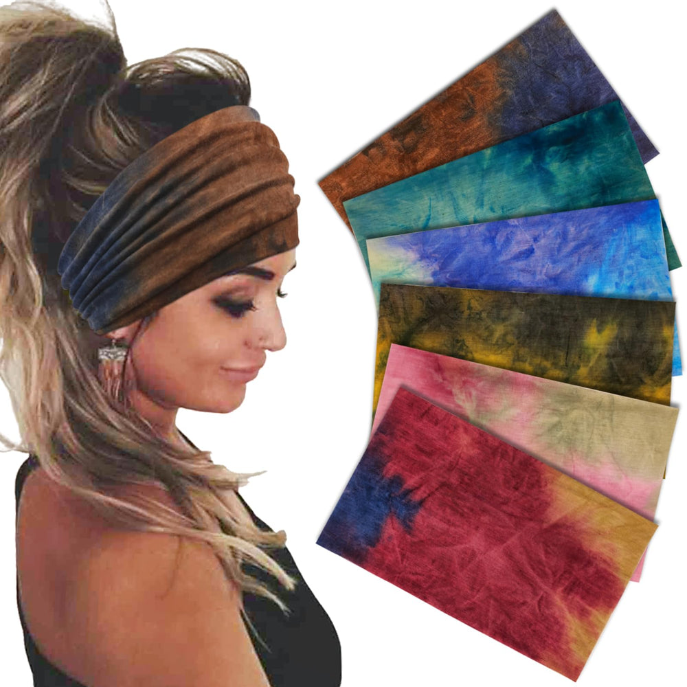 Sefiinh front view of six tie-dye headbands showing colors and packaging, easy outfit coordination