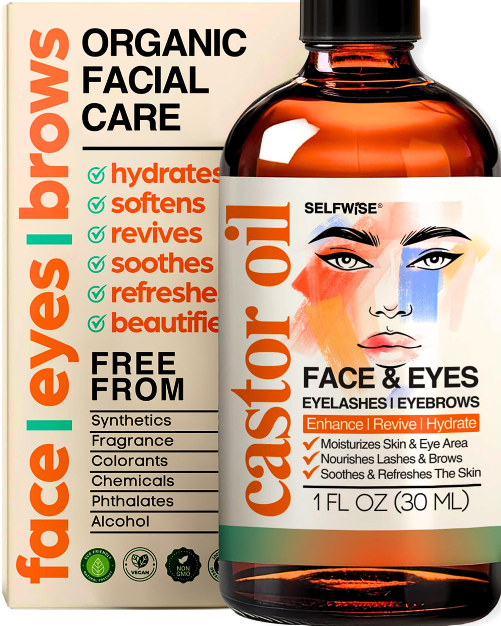 SELFWISE front packaging showing 1oz bottle and ingredients benefits