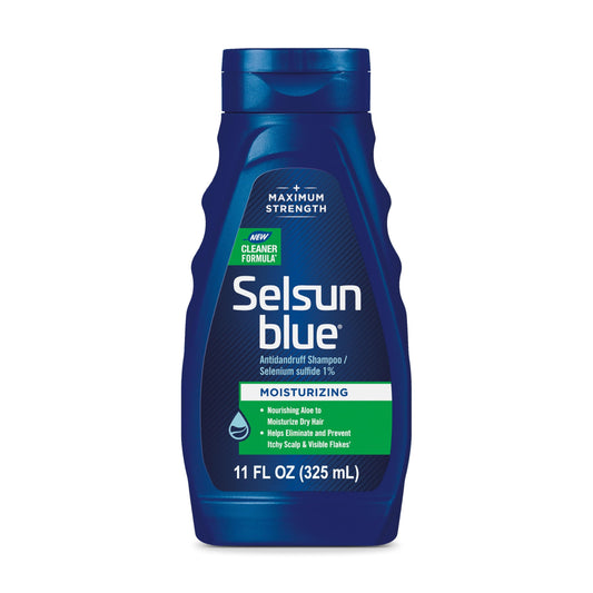 Selsun Blue front bottle showing brand and moisturizing formula benefit
