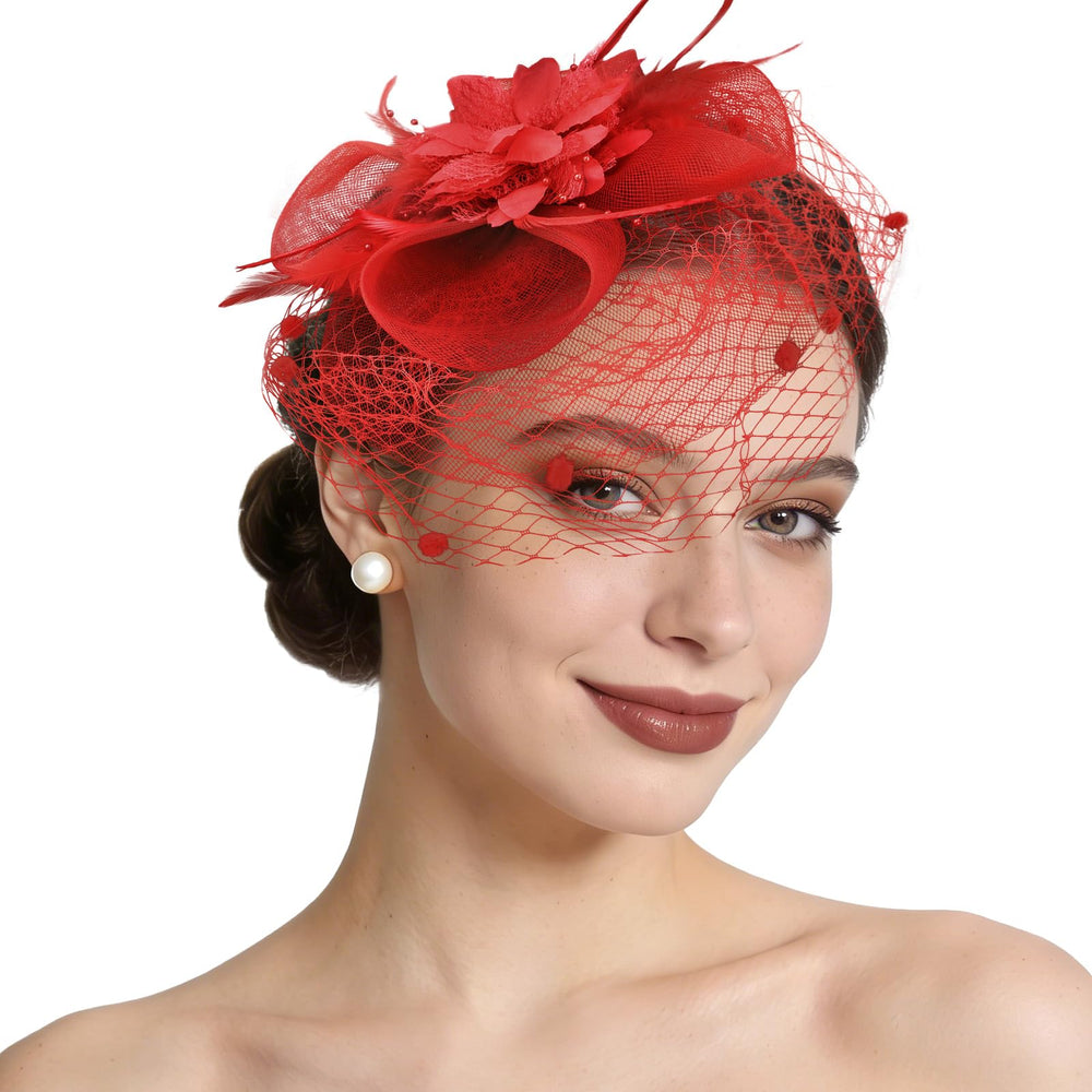 Semato fascinator front view showing red mesh and balanced silhouette for polished style