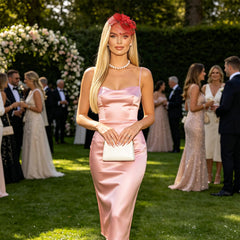 Semato fascinator on model at tea party showing how it elevates formal and vintage outfits