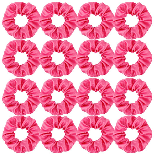 Semato front packaging of 16 hot pink satin scrunchies shows value and matching set