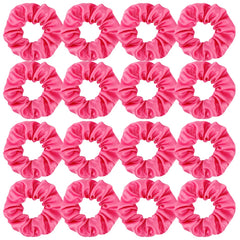 Semato front packaging of 16 hot pink satin scrunchies shows value and matching set