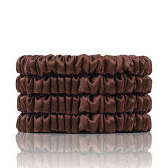 SEMRUE front packaging box showing four brown silk scrunchies, gift-ready