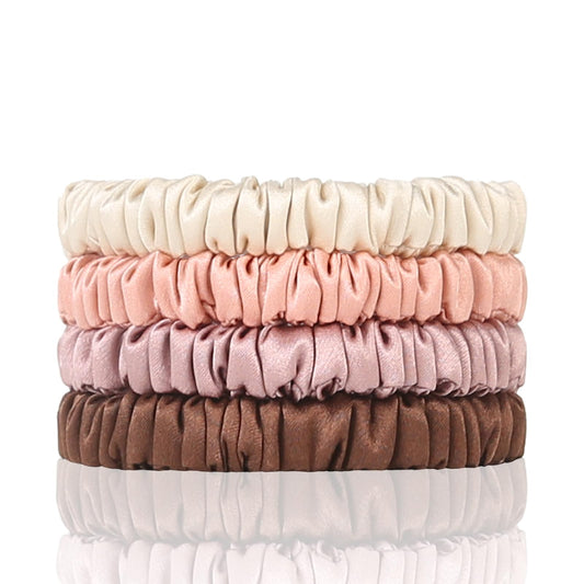 SEMRUE front packaging showing four silk scrunchies, neat presentation and gift-ready