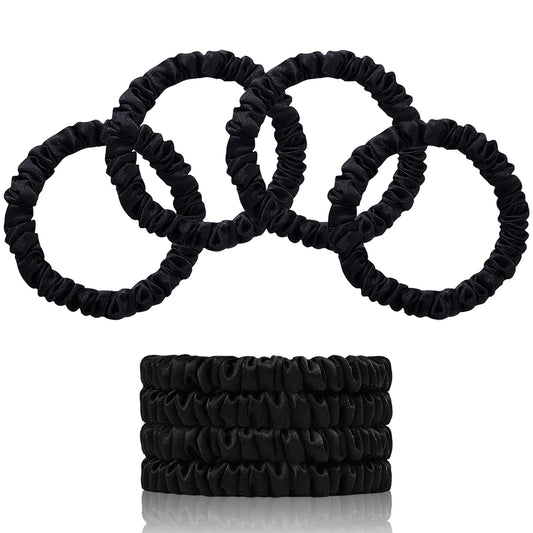 SEMRUE front packaging showing four black silk scrunchies, elegant gift-ready presentation