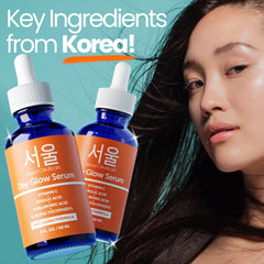 SeoulCeuticals ingredients flatlay with vitamin C and hyaluronic visuals for clarity benefit