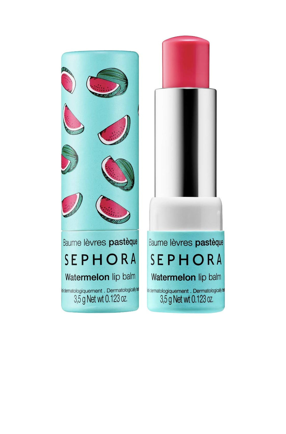 SEPHORA watermelon lip balm front view showing compact size and hydrating finish