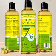Seven Minerals pouring clear liquid soap close-up highlighting gentle texture