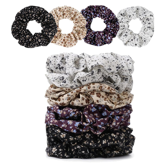 SEVEN STYLE front packaging showing eight floral satin scrunchies, ready to gift