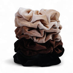 SEVEN STYLE front packaging showing eight neutral velvet scrunchies and neat display benefit