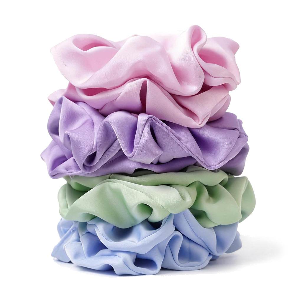 SEVEN STYLE front view of pastel scrunchies showing colors and packaging benefits