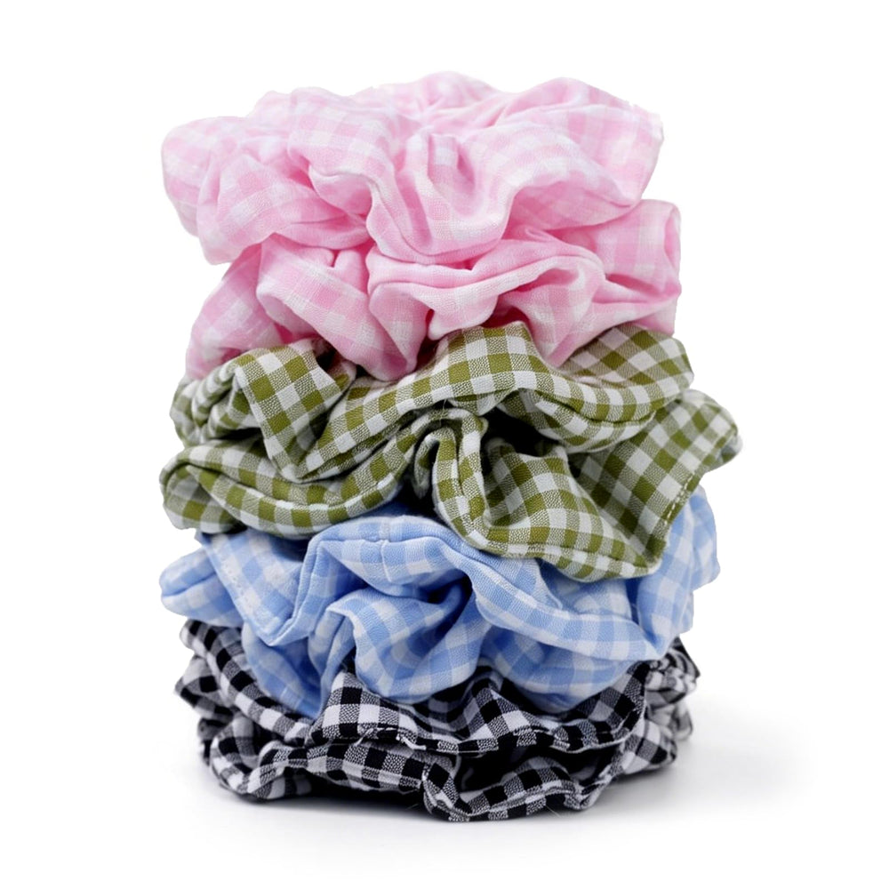 SEVEN STYLE front view of eight plaid satin scrunchies shows variety and gift appeal