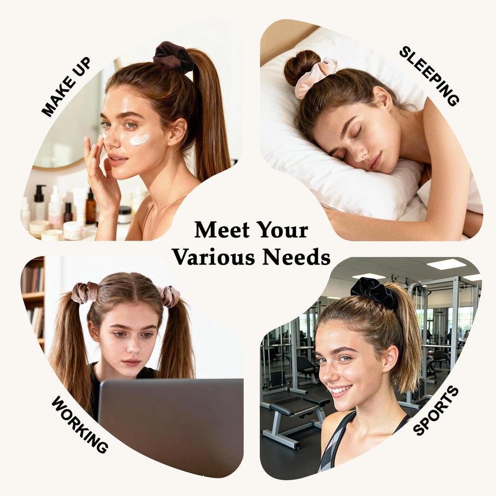 SEVEN STYLE scrunchie worn in ponytail demonstrating crease-free hold and polished look benefit