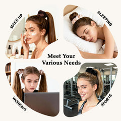 SEVEN STYLE scrunchie worn in ponytail demonstrating crease-free hold and polished look benefit