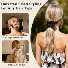 SEVEN STYLE scrunchie used in a ponytail showing crease-free, polished look