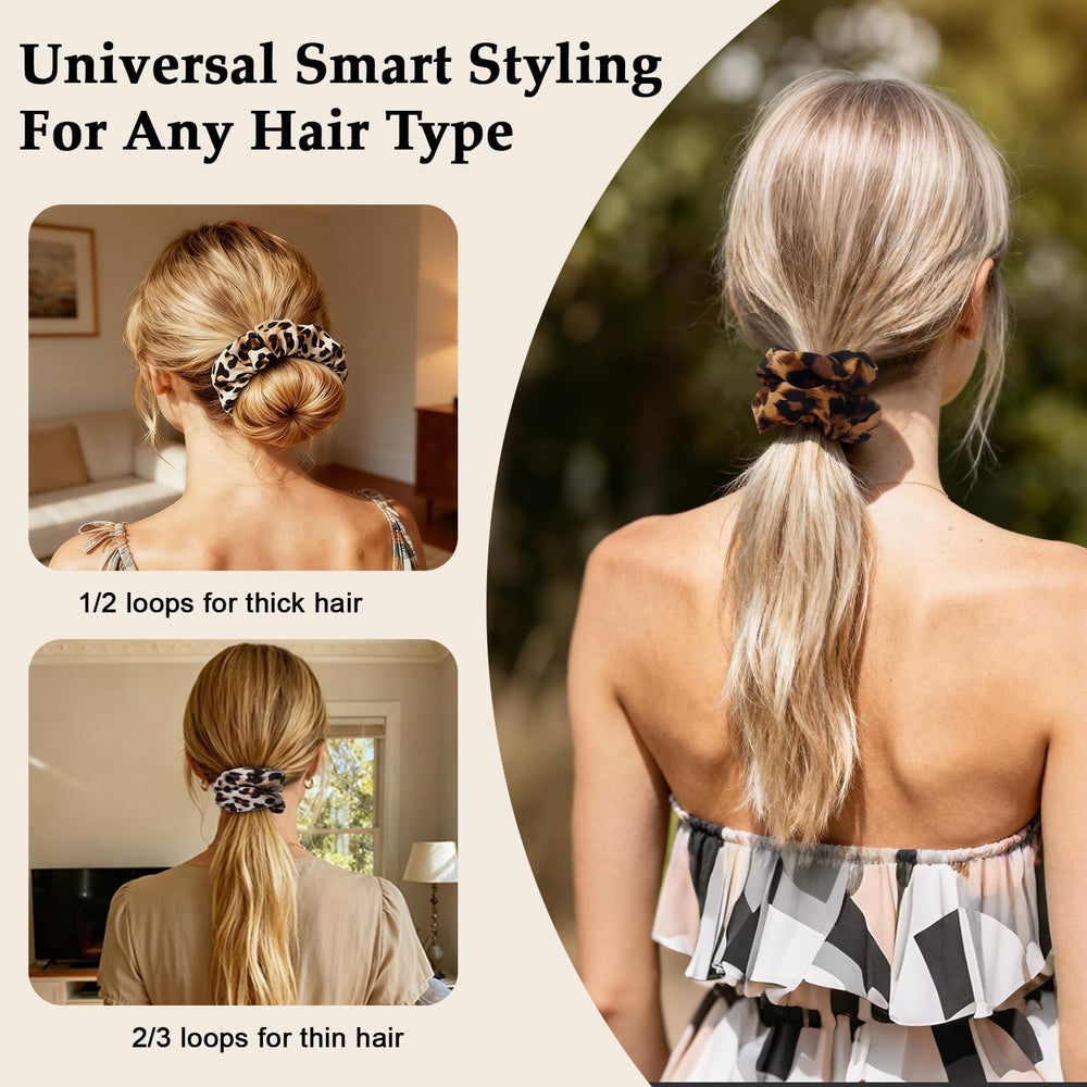 SEVEN STYLE scrunchie styled in a bun, maintains shape and protects strands