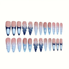 Sevgob close-up of blue French tip almond nails highlighting glossy finish and color pop