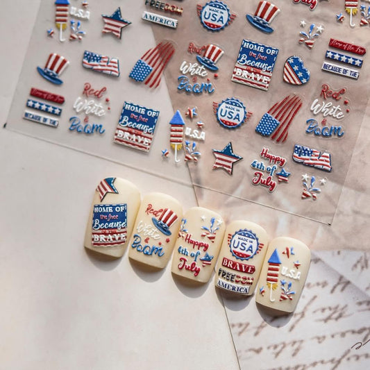 Sevgob front packaging sheet showing patriotic decal variety and easy application benefit