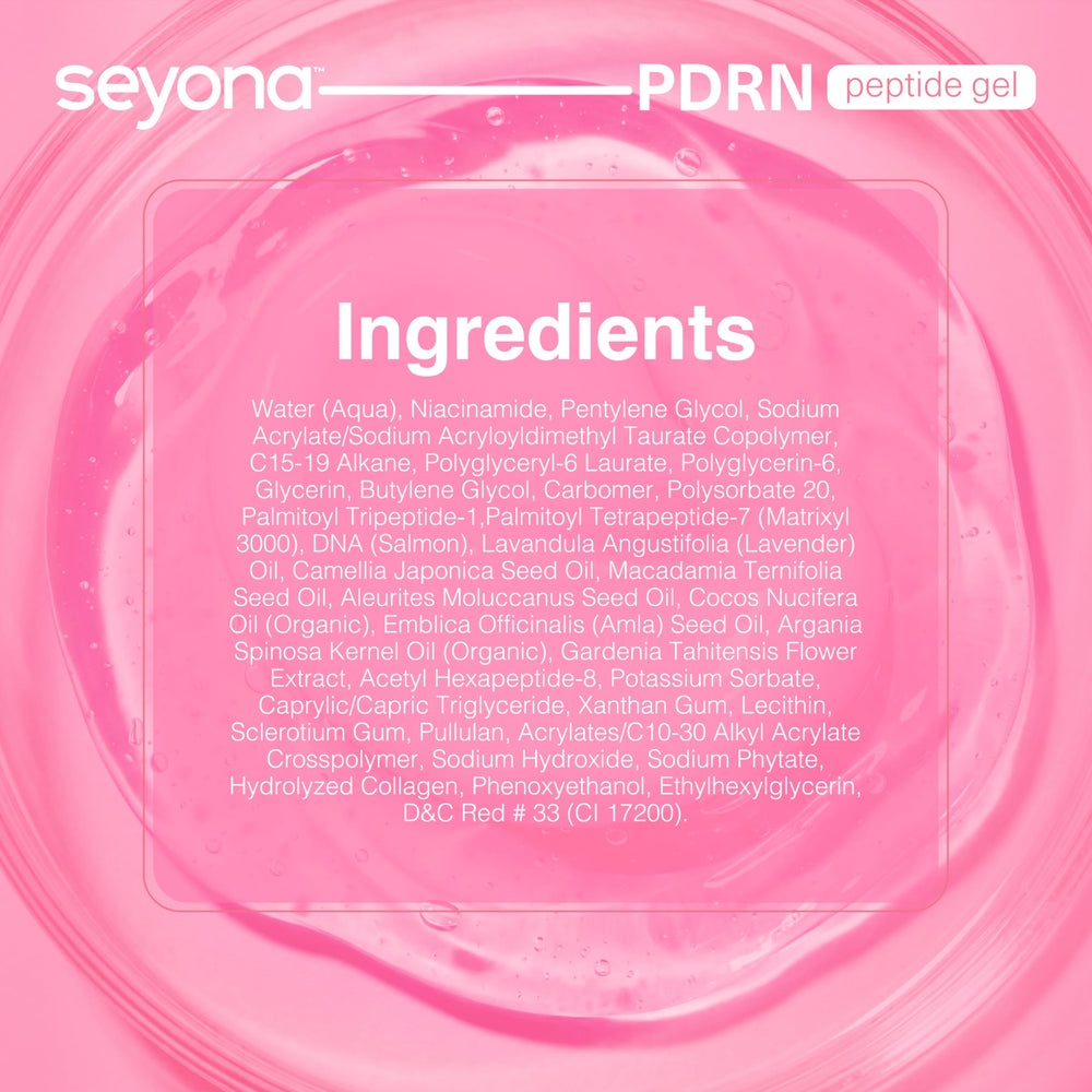 Close-up graphic of PDRN element on Seyona label explaining peptide support benefit