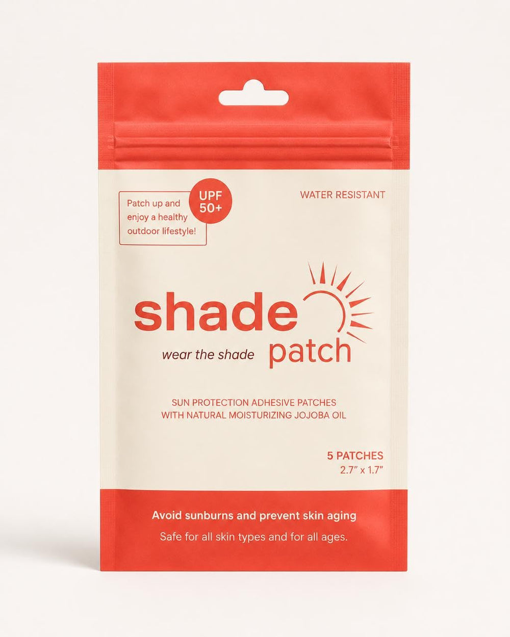 Shade Patch front packaging showing five adhesive textile patches and benefits