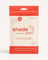 Shade Patch front packaging showing five adhesive textile patches and benefits