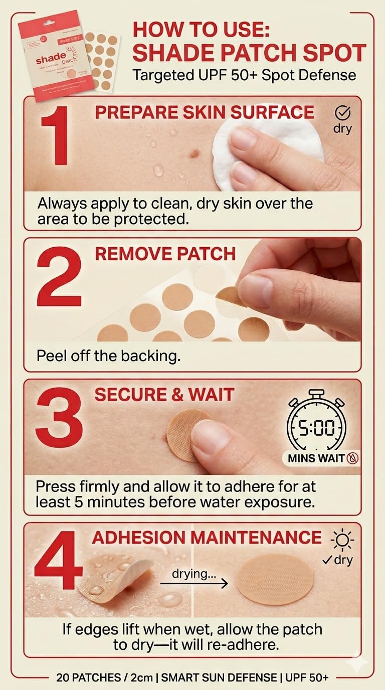 Shade Patch size comparison on fingertip illustrating thin profile and precise placement