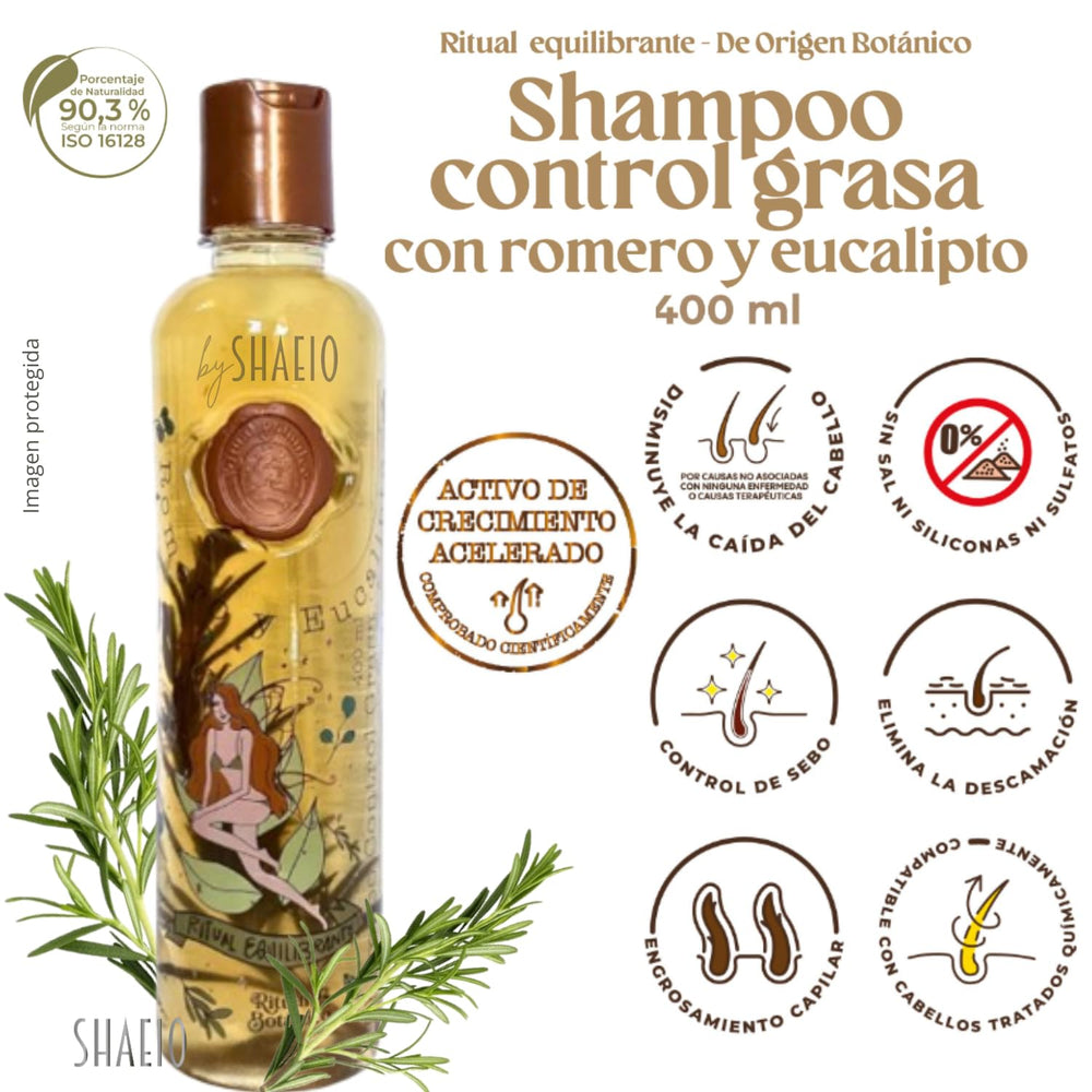 SHAEIO rosemary shampoo label close-up highlighting growth support