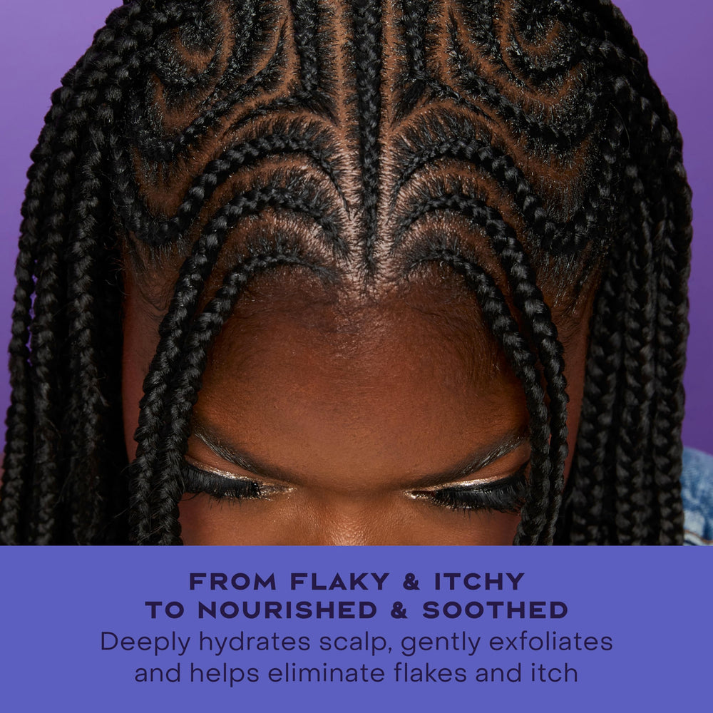 Shea Moisture before and after scalp visual showing reduced visible flakes