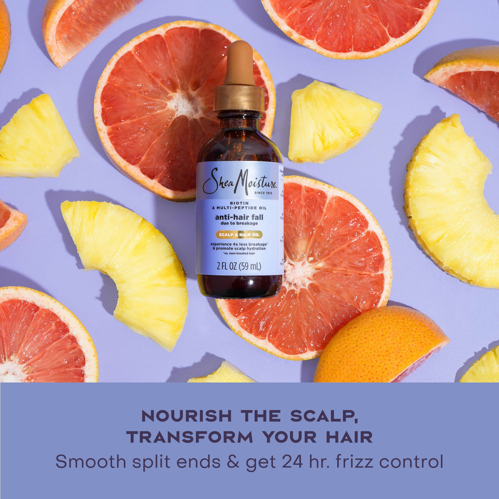 Shea Moisture bottle among biotin and peptide ingredient visuals