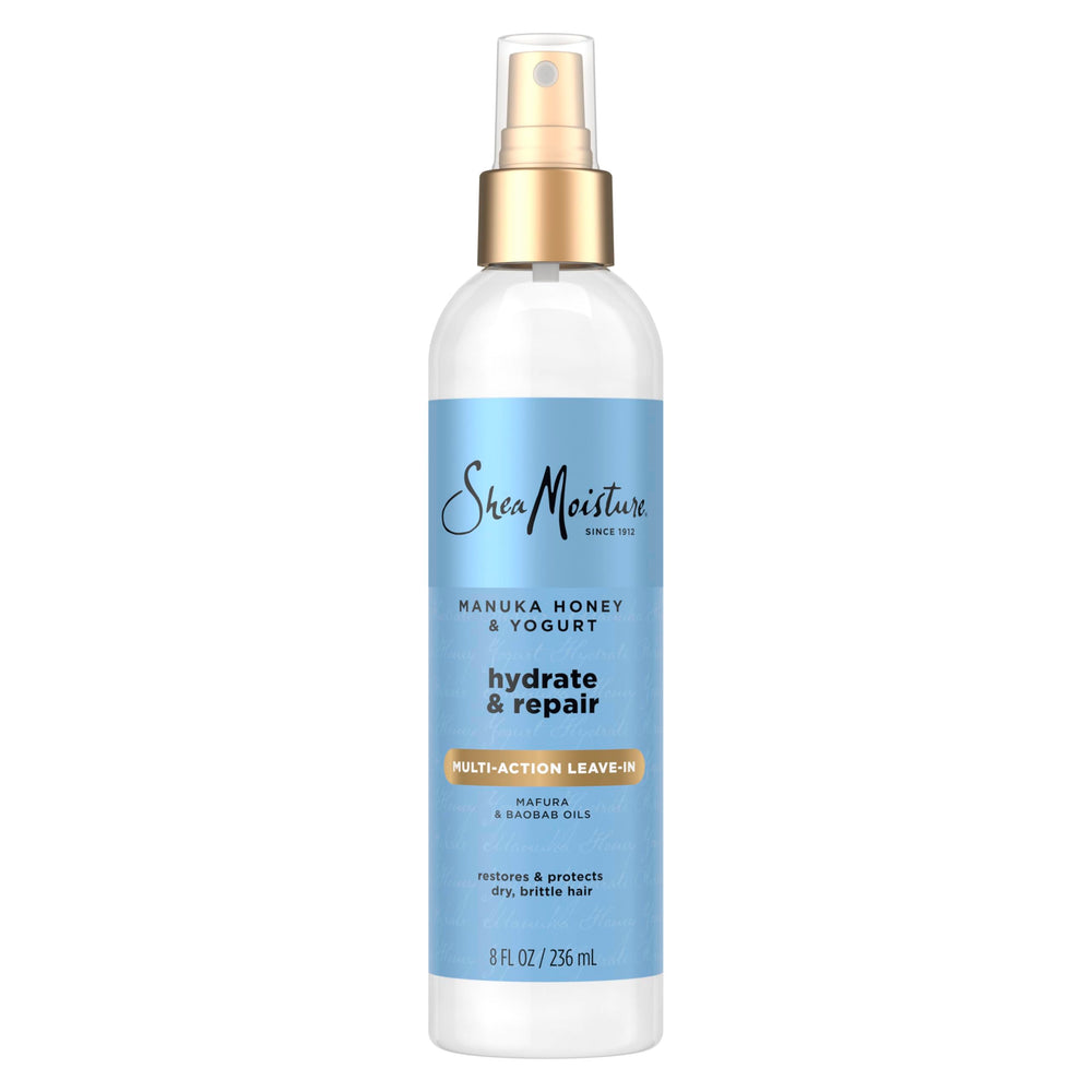 Shea Moisture front packaging showing repair benefits and lightweight spray
