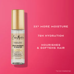Shea Moisture on bathroom shelf with styling tools, suggests daily styling routine