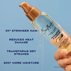 SheaMoisture oil being applied to damp hair to protect strands before heat styling