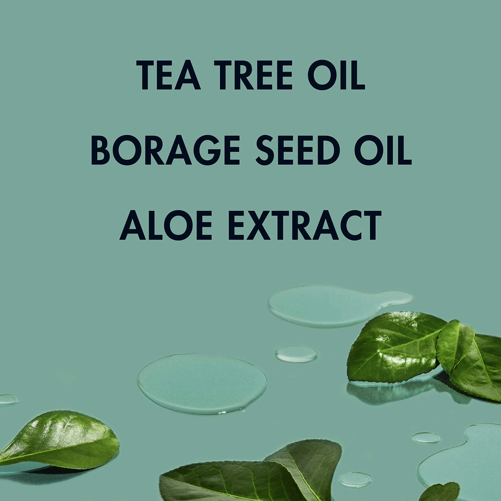SheaMoisture bottle with tea tree borage seed oil and aloe ingredients visible