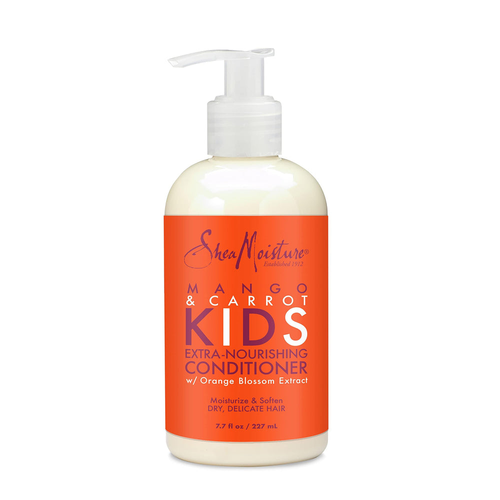 Shea Moisture front bottle view showing mango and carrot kids branding and benefit
